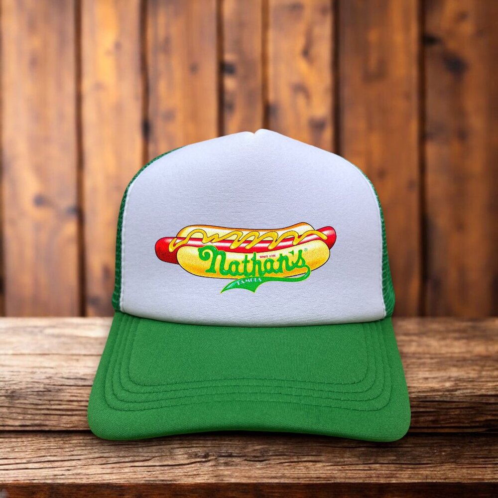 Nathan's Hot Dogs Mens Trucker Hat Green Snapback Hot Dog Eating Contest Cap